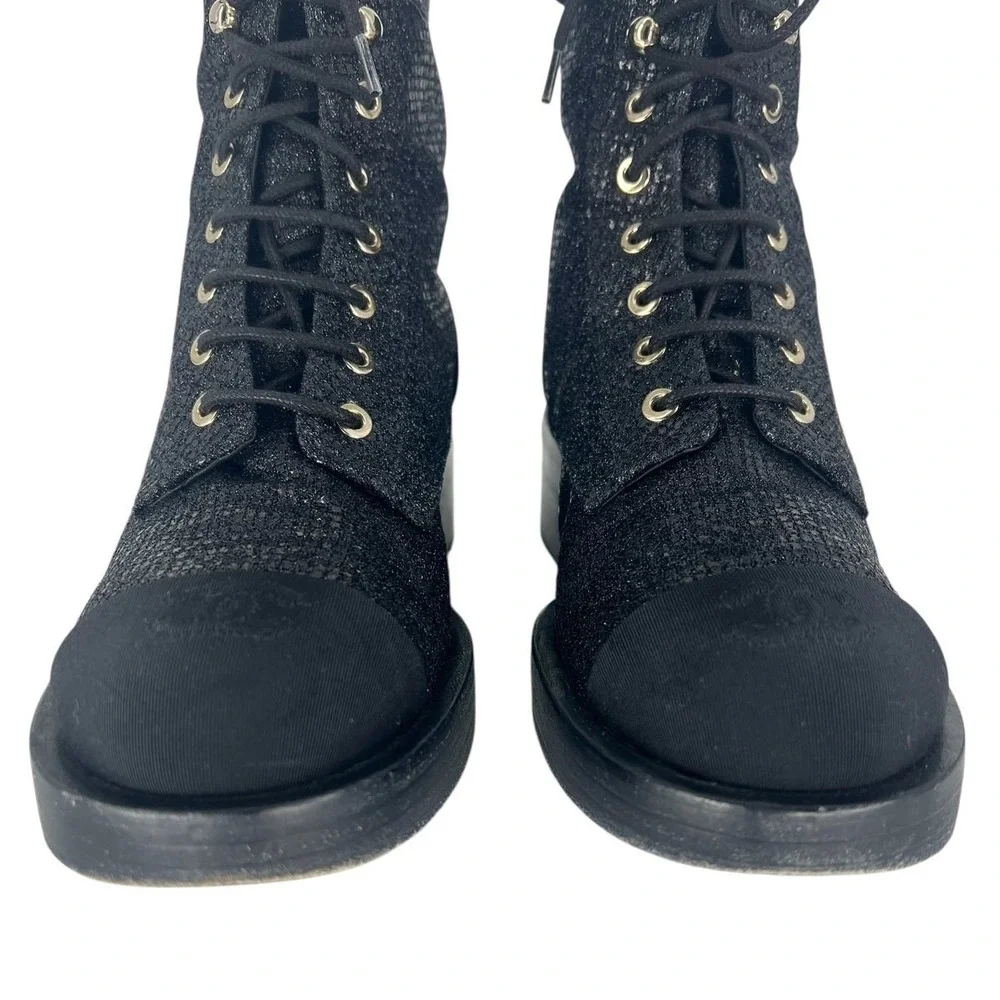 Chanel‎ 2022 CC Logo Glitter Combat Boots Black Runway Virginie Viard 38.5